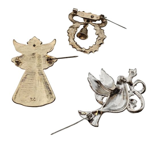 VTG Brooch Set 3PC Christmas Novelty Holiday Angel Dove Wreath Figural Pins - Picture 3 of 16